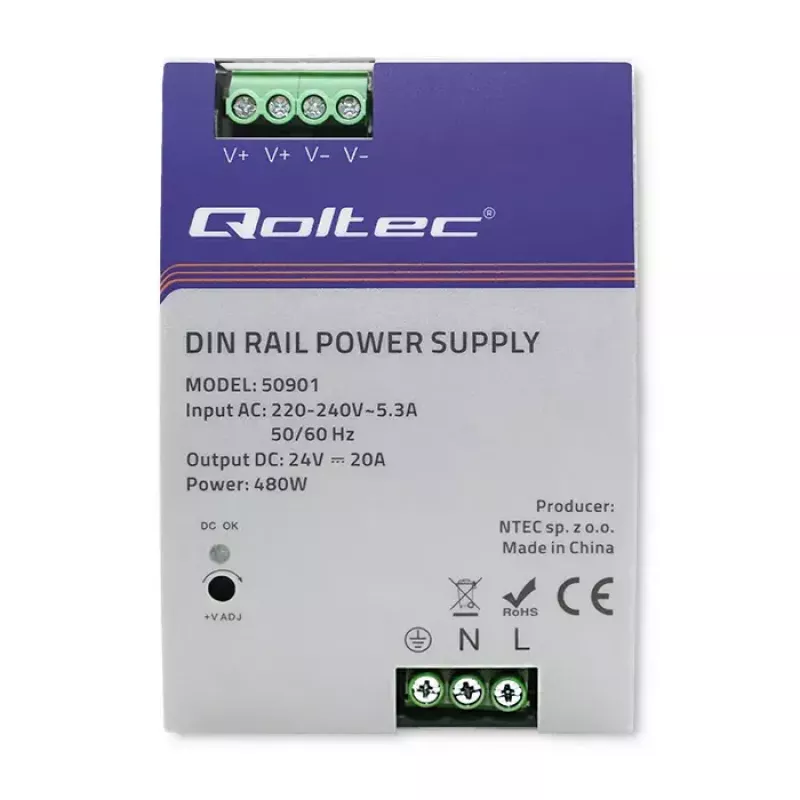 Alimentatore industriale per guida DIN QOLTEC 50901 — 480W, 24V DC, 20A