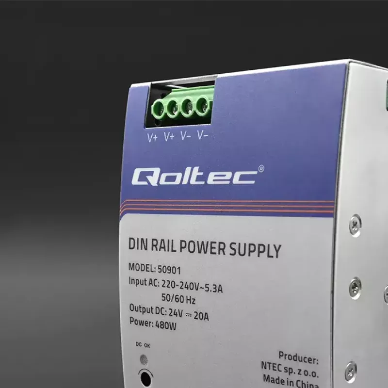 Alimentatore industriale per guida DIN QOLTEC 50901 — 480W, 24V DC, 20A