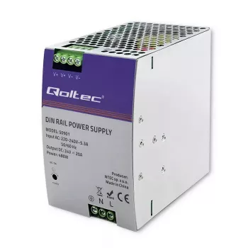 Alimentatore industriale per guida DIN QOLTEC 50901 — 480W, 24V DC, 20A