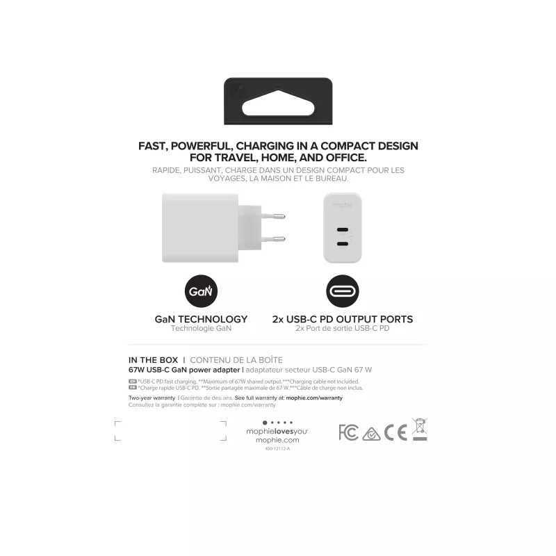 mophie Accessories-Adattatore da parete-USB-C-PD-DUAL-67W-GAN-Bianco-EU (2xUSBC)