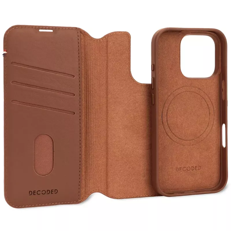 Decoded custodia per cellulare in pelle rimovibile con portafoglio per iPhone 16 Pro – marrone, pelle vera, microfibra, schermo 6,3 pollici, 3 scomparti per carte