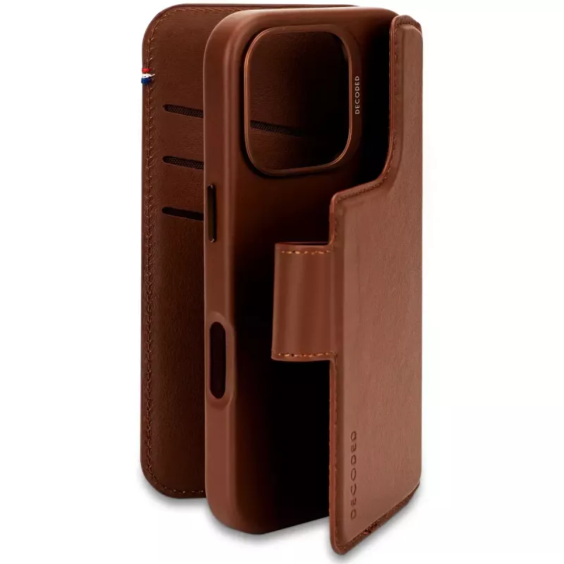Decoded custodia per cellulare in pelle rimovibile con portafoglio per iPhone 16 Pro – marrone, pelle vera, microfibra, schermo 6,3 pollici, 3 scomparti per carte