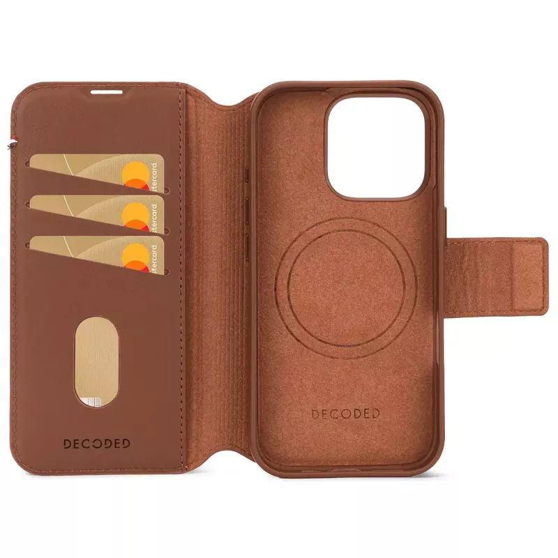 Decoded custodia per cellulare in pelle rimovibile con portafoglio per iPhone 16 Pro – marrone, pelle vera, microfibra, schermo 6,3 pollici, 3 scomparti per carte