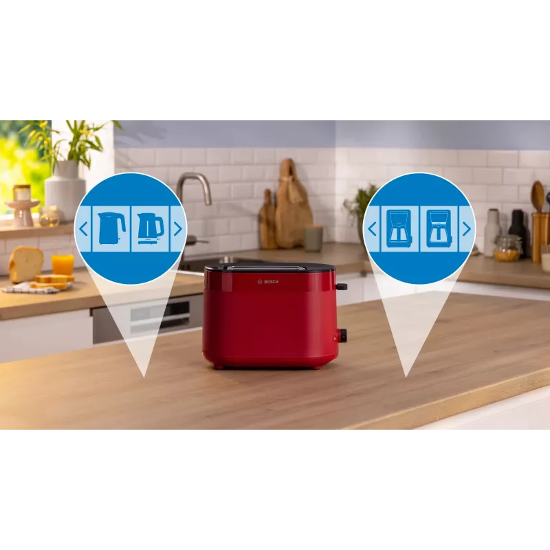 Tostapane Bosch TAT2M124 — 2 fette 950 W, rosso, centratura pane, scongelamento, lift