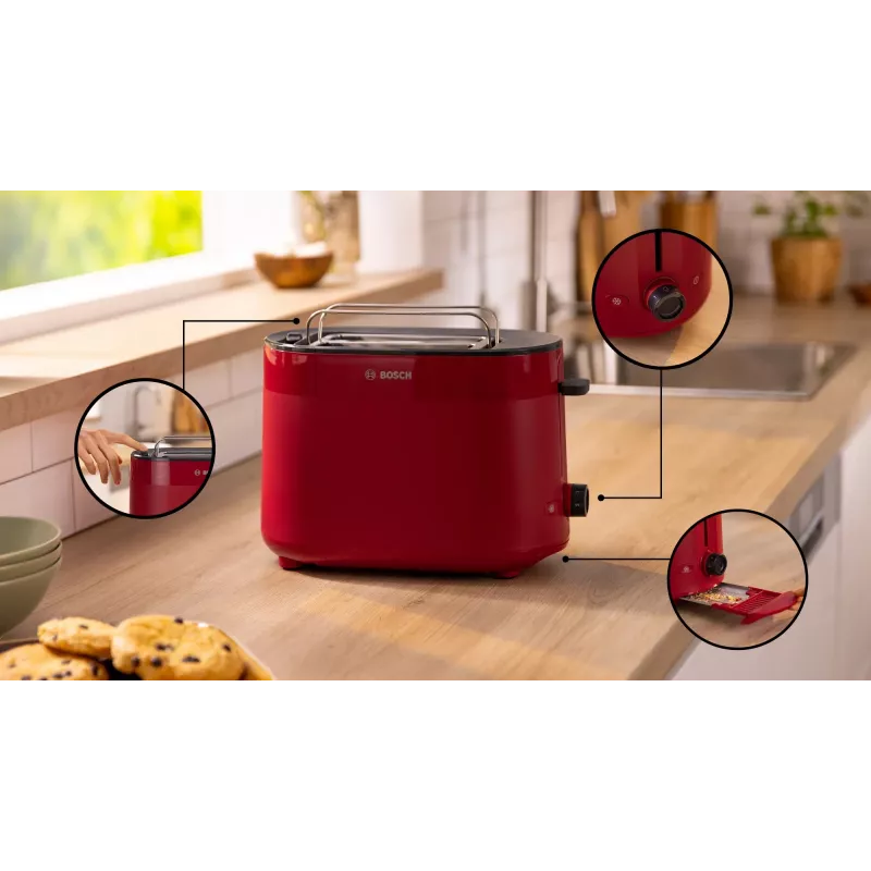 Tostapane Bosch TAT2M124 — 2 fette 950 W, rosso, centratura pane, scongelamento, lift
