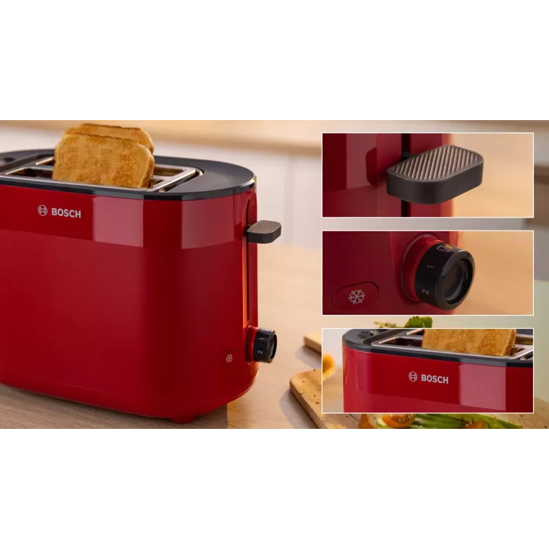 Tostapane Bosch TAT2M124 — 2 fette 950 W, rosso, centratura pane, scongelamento, lift