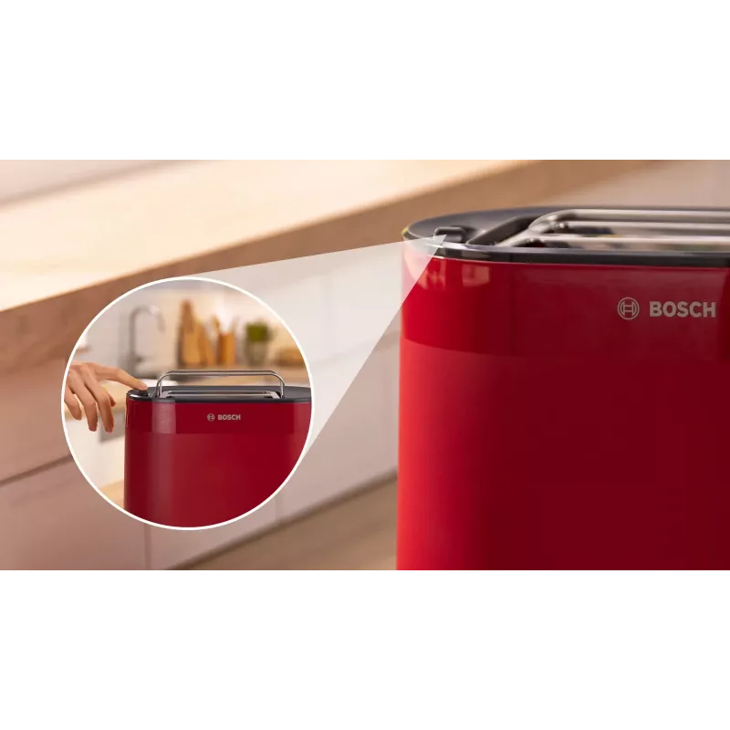 Tostapane Bosch TAT2M124 — 2 fette 950 W, rosso, centratura pane, scongelamento, lift