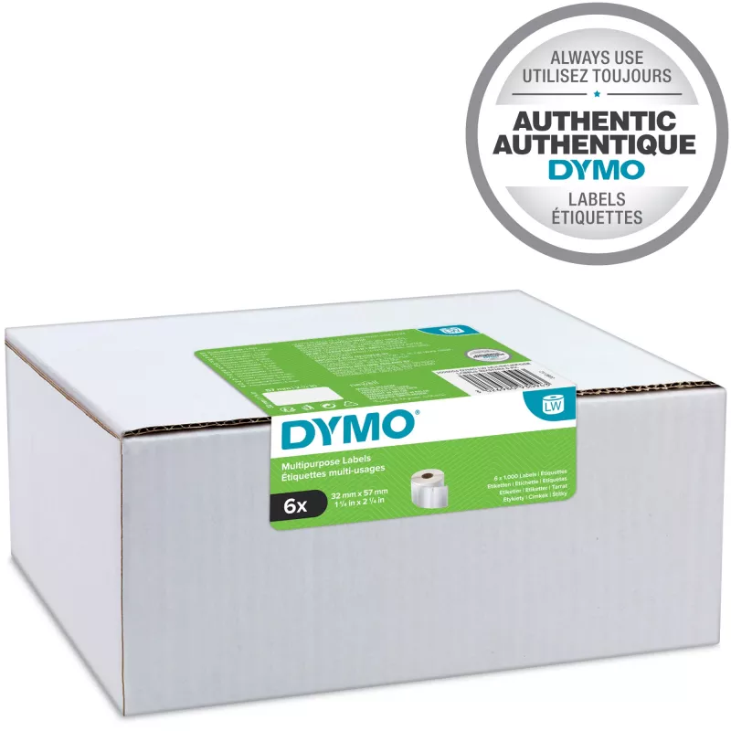 Etichette multiuso DYMO Authentic LabelWriter 32 mm x 57 mm 6 rotoli da 1.000 etichette facili da staccare (6.000 pezzi) autoadesive per etichettatrici LabelWriter