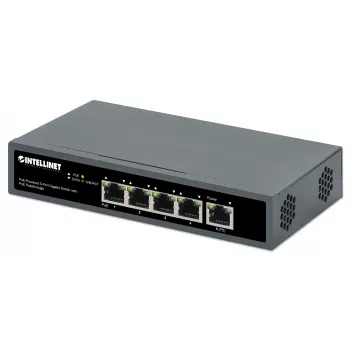 Intellinet switch Gigabit 5 porte con PoE Passthrough, una porta PD PoE IEEE 802.3bt (PoE++ / 4PPoE) con assorbimento 95 W, quattro porte PSE PoE, budget PoE fino a 65 W, uscita conforme IEEE 802.3at/af, desktop, opzione per montaggio a parete