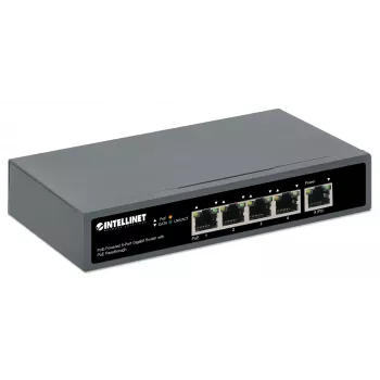 Intellinet switch Gigabit 5 porte con PoE Passthrough, una porta PD PoE IEEE 802.3bt (PoE++ / 4PPoE) con assorbimento 95 W, quattro porte PSE PoE, budget PoE fino a 65 W, uscita conforme IEEE 802.3at/af, desktop, opzione per montaggio a parete
