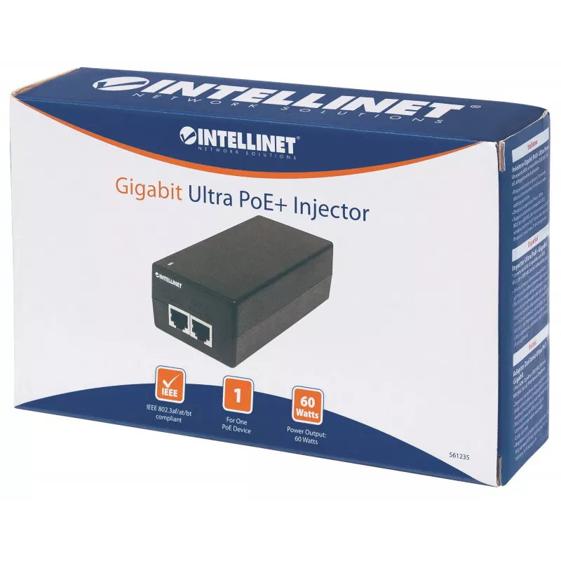 Intellinet iniettore Gigabit Ultra PoE+, 1 porta 60 W, conforme IEEE 802.3bt e IEEE 802.3at/af, case in plastica