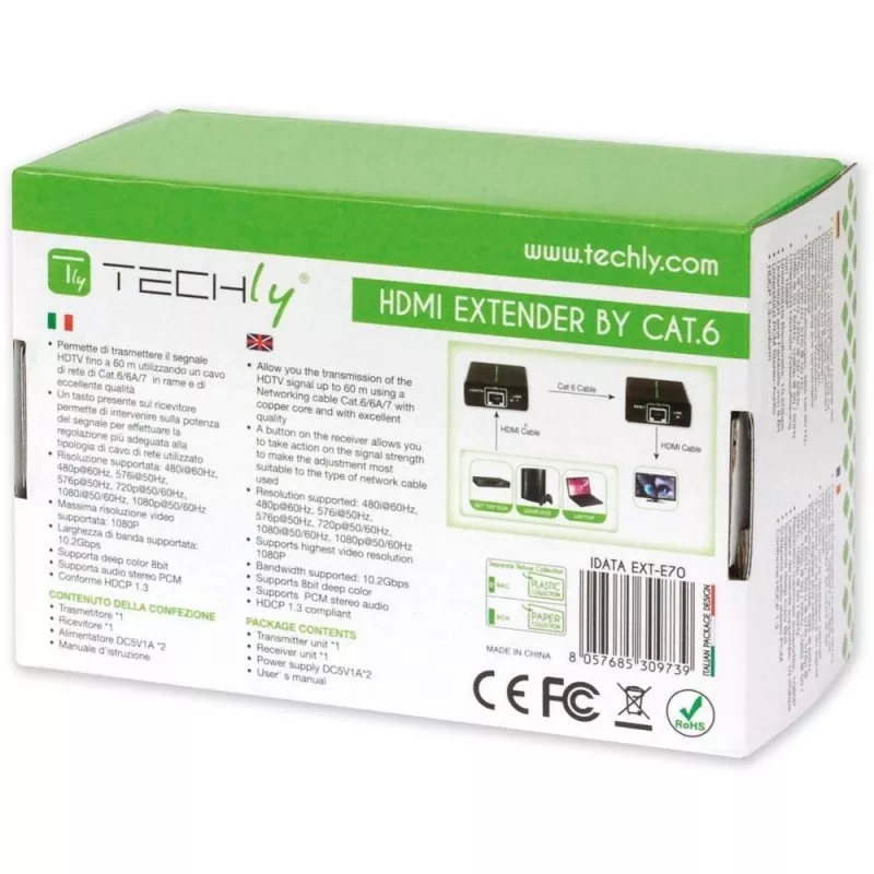 Trasmettitore e ricevitore AV TECHLY IDATA EXT-E70 — prolunga HDMI su cavo Cat6/6a/7, Full HD 1920x1080, 60 m, 10,2 Gbit/s, HDCP, nero