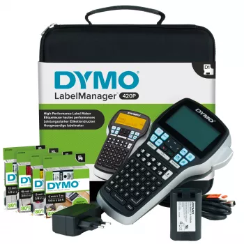 DYMO LabelManager 420P set stampante etichette ad alte prestazioni con batteria e portatile | tastiera ABC con 4 rotoli di etichette D1 e valigetta
