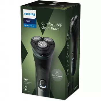 Rasoio elettrico Philips 3000X Series X3052/00 — rotante, 3 testine, bagnato e asciutto, batteria NiMH, 45 min. di autonomia, trimmer, nero/verde