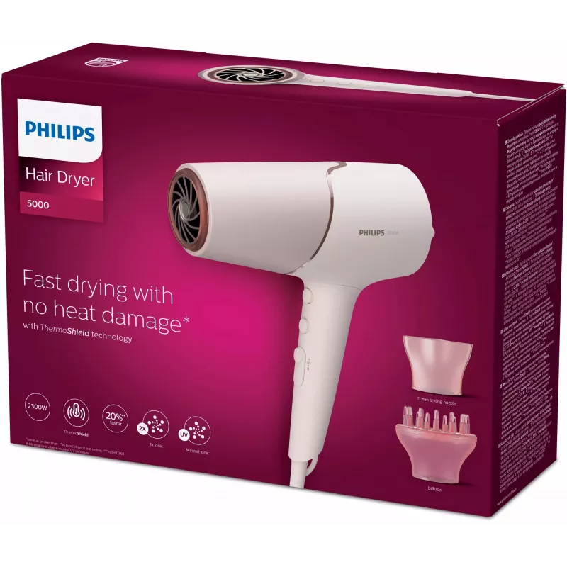 Asciugacapelli Philips BHD530/00 2300 W, 6 velocità/6 impostazioni di calore, ionico, Cool Shot, diffusore e concentratore, rosa