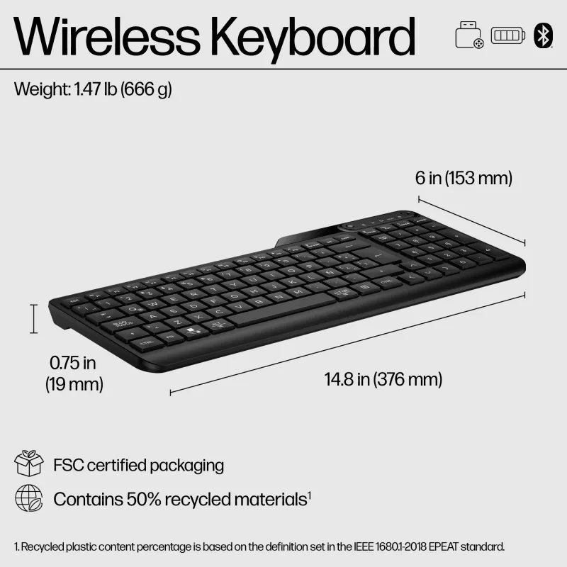 Mouse wireless HP 475 Dual-Mode — QWERTY a grandezza naturale, RF + Bluetooth 5.3, tastierino numerico, nero, 376×153×19 mm