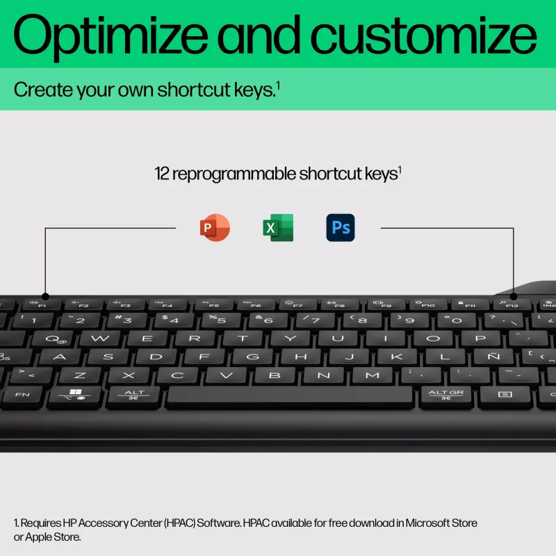 Mouse wireless HP 475 Dual-Mode — QWERTY a grandezza naturale, RF + Bluetooth 5.3, tastierino numerico, nero, 376×153×19 mm
