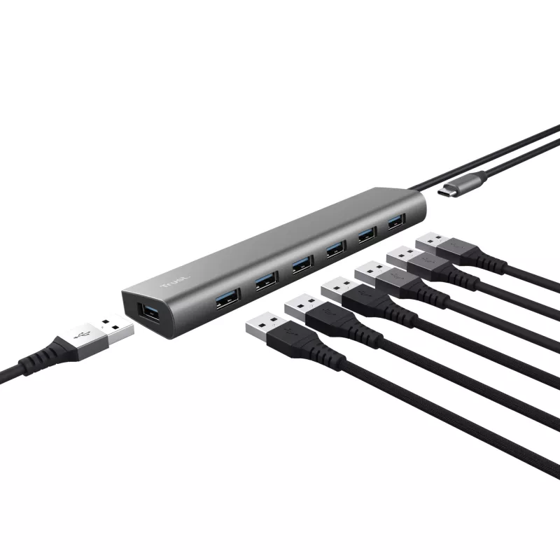 Trust Halyx 24967 hub USB a 7 porte, USB 3.2 Gen 1, Type-A, 5000 Mbit/s, argento