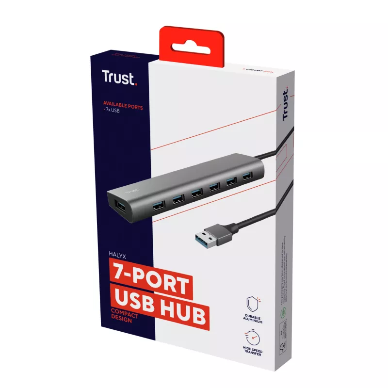 Trust Halyx 24967 hub USB a 7 porte, USB 3.2 Gen 1, Type-A, 5000 Mbit/s, argento