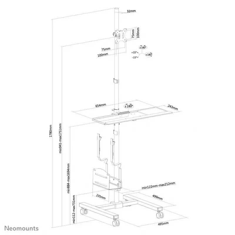 Neomounts FPMA-MOBILE1700 postazione di lavoro mobile, 10-32 pollici (25,4-81,3 cm), max. 8 kg, VESA 75x75-100x100, altezza 94-175 cm, acciaio, nera
