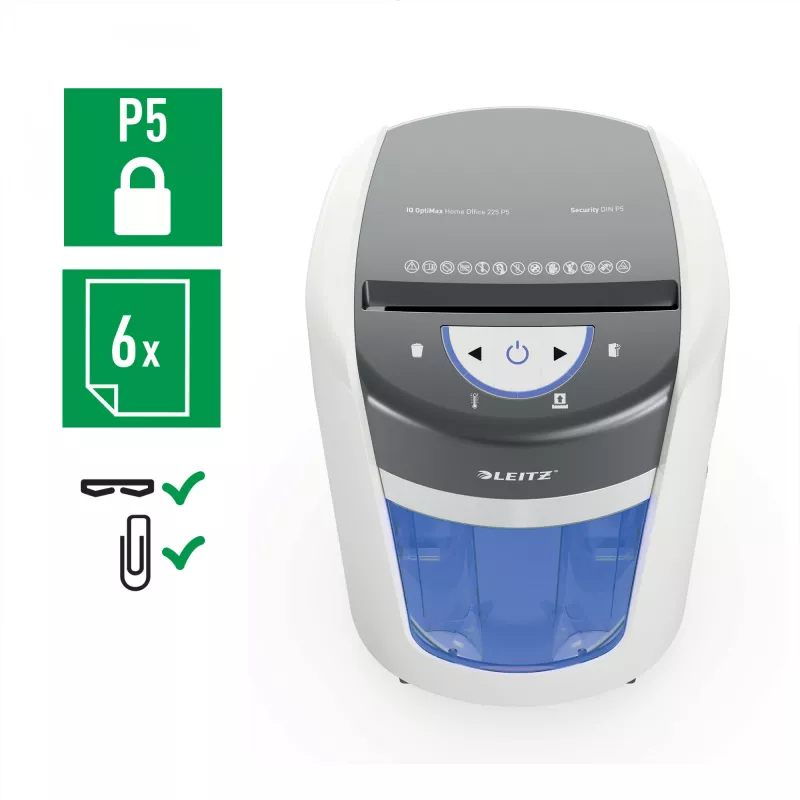 Distruggidocumenti Leitz IQ OptiMax Home Office 225 a microtaglio livello di sicurezza P5 15 L – bianco