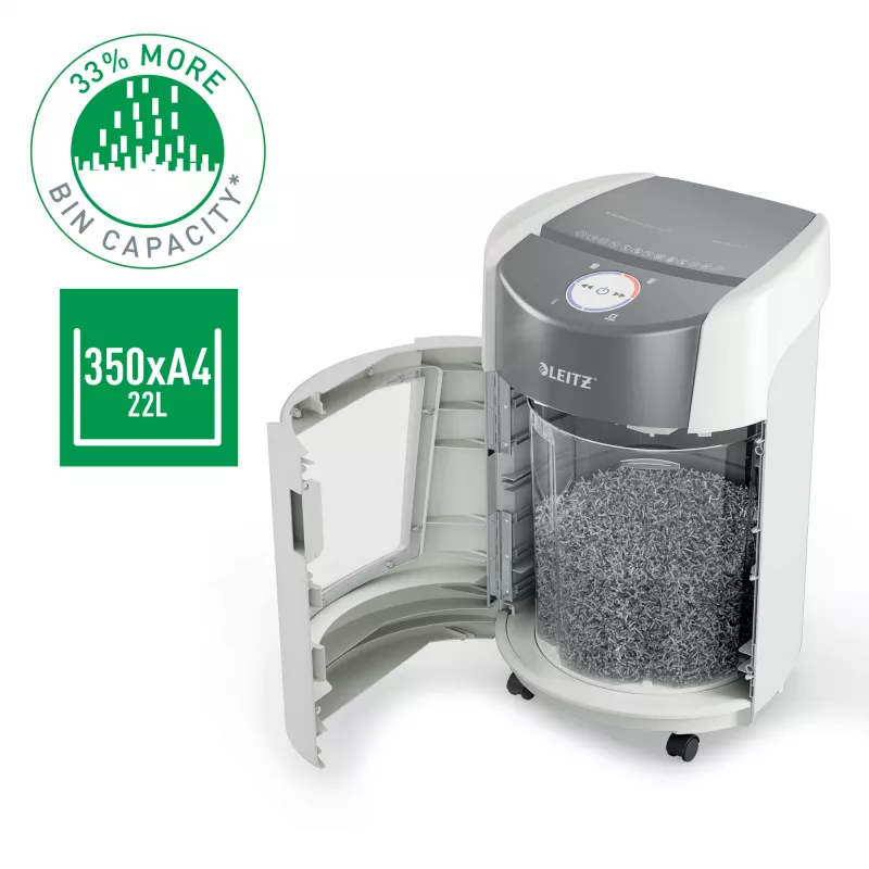 Distruggidocumenti Leitz IQ OptiMax Small Office 350 a microtaglio livello di sicurezza P5 22 L – bianco