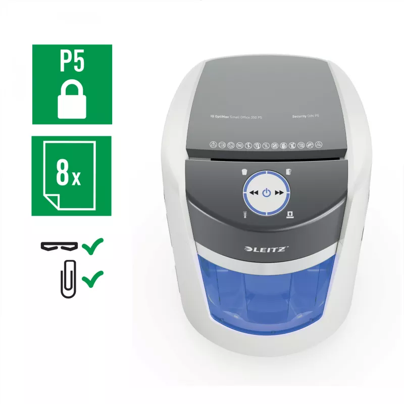 Distruggidocumenti Leitz IQ OptiMax Small Office 350 a microtaglio livello di sicurezza P5 22 L – bianco