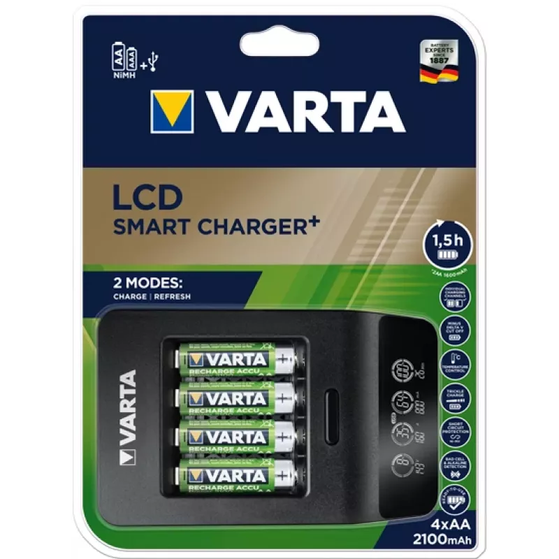 Caricabatterie intelligente VARTA LCD Smart Charger+ con 4 batterie AA 2100 mAh