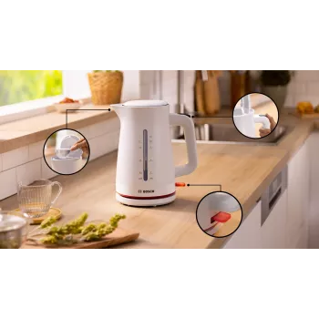 Bollitore elettrico Bosch TWK3M121 — 1,7 L, 2400 W, bianco, corpo in plastica