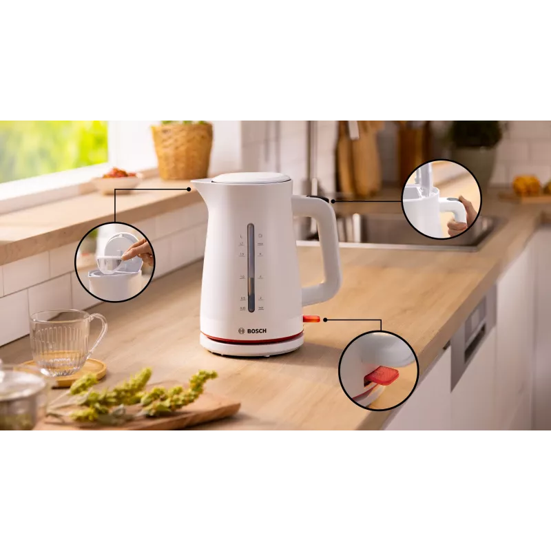 Bollitore elettrico Bosch TWK3M121 — 1,7 L, 2400 W, bianco, corpo in plastica
