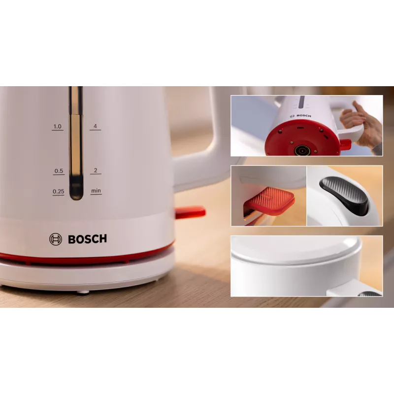 Bollitore elettrico Bosch TWK3M121 — 1,7 L, 2400 W, bianco, corpo in plastica