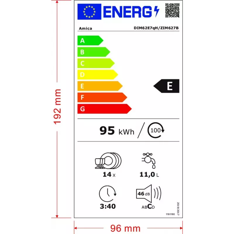 Lavastoviglie semi-incasso AMICA DIM62E7qH — 14 coperti, 60 cm, display touch LED, 7 programmi, bianco