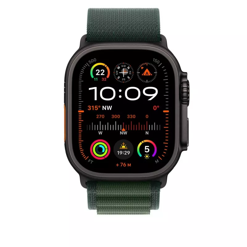 Cinturino Apple 49 mm Alpine Loop verde scuro piccolo finitura titanio nero