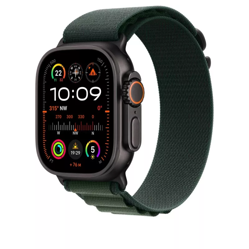 Cinturino Apple 49 mm Alpine Loop verde scuro piccolo finitura titanio nero