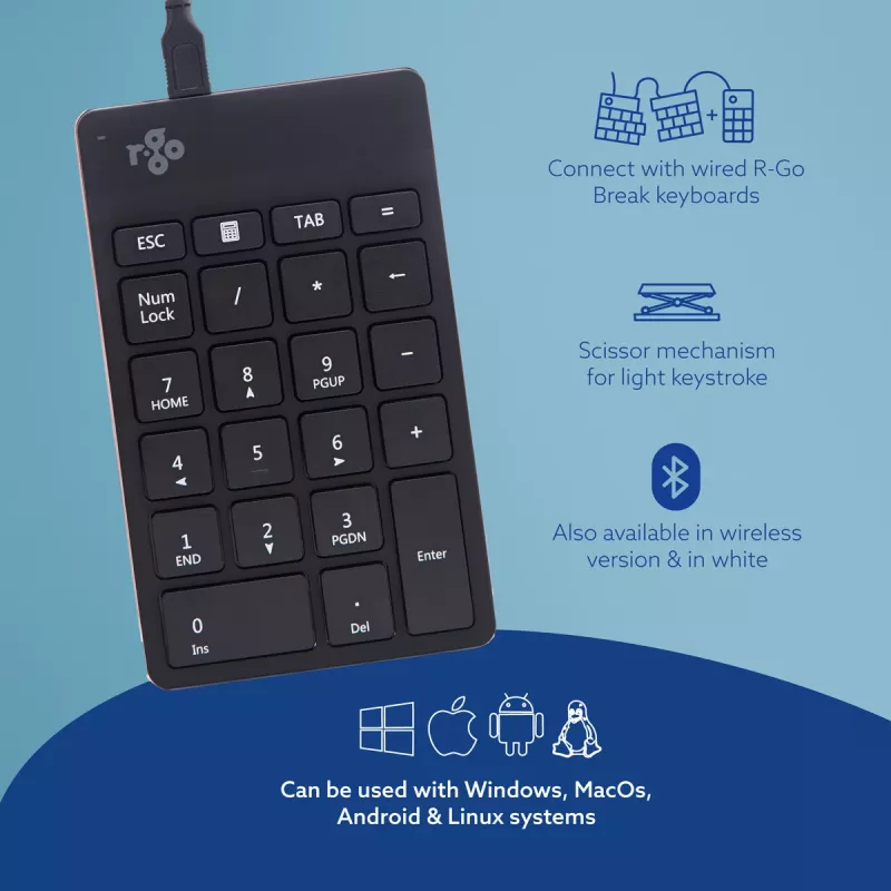 R-Go Tools tastierino numerico R-Go Numpad Break, tastierino numerico ergonomico con software per le pause, con filo, nero