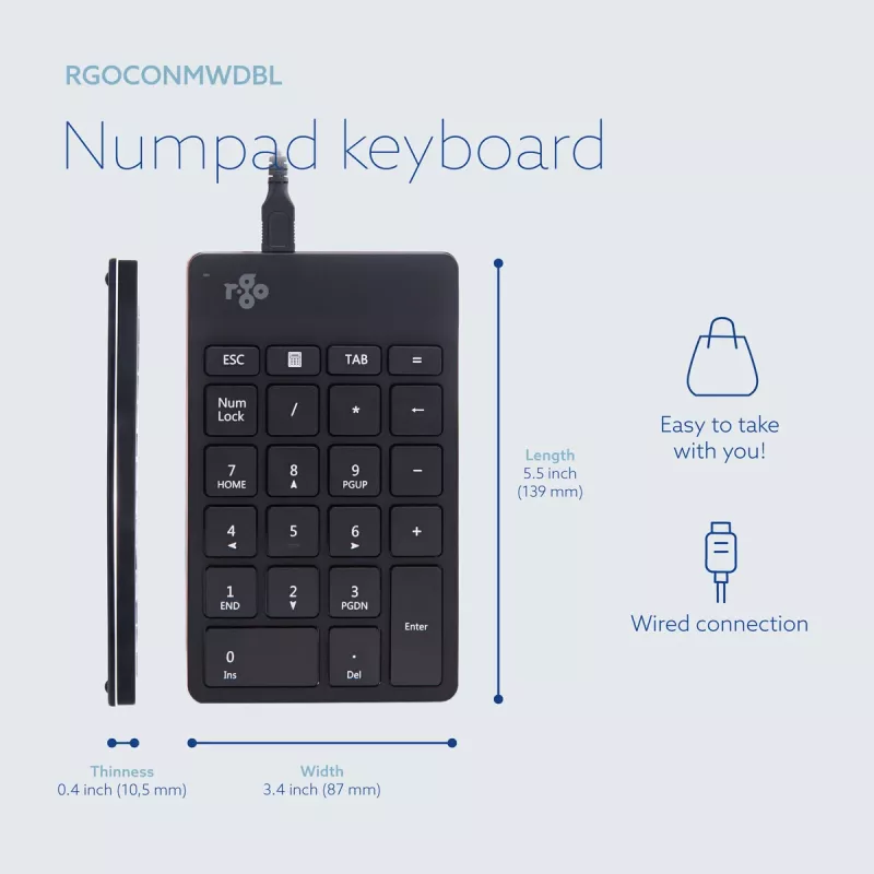 R-Go Tools tastierino numerico R-Go Numpad Break, tastierino numerico ergonomico con software per le pause, con filo, nero