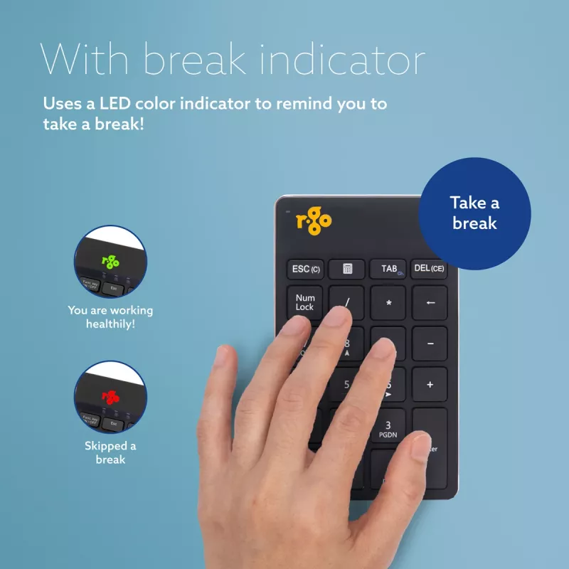 R-Go Tools tastierino numerico R-Go Numpad Break, tastierino numerico ergonomico con software per le pause, Bluetooth, nero