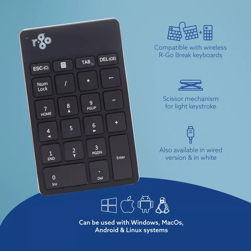 R-Go Tools tastierino numerico R-Go Numpad Break, tastierino numerico ergonomico con software per le pause, Bluetooth, nero