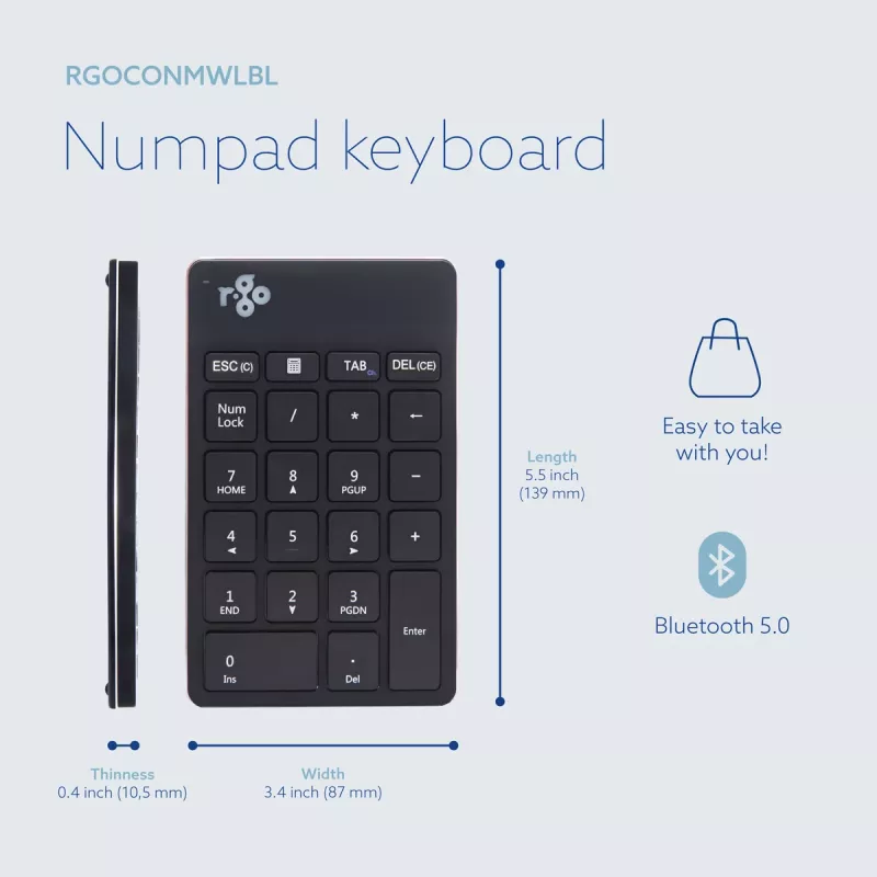 R-Go Tools tastierino numerico R-Go Numpad Break, tastierino numerico ergonomico con software per le pause, Bluetooth, nero