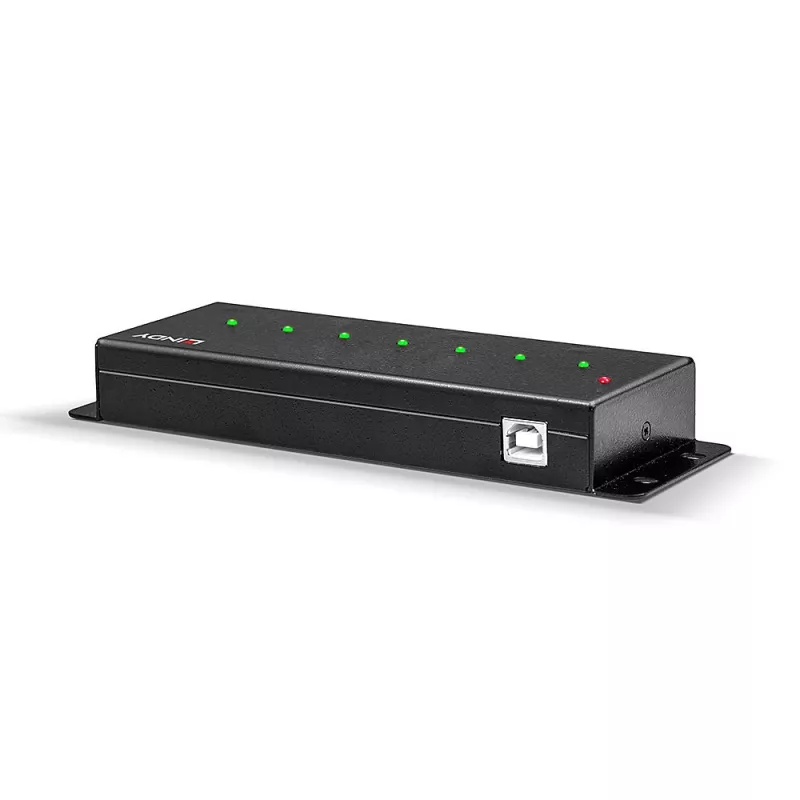 Lindy 42794 hub USB 2.0 industriale in metallo a 7 porte, 480 Mbit/s, staffe di montaggio, alimentatore esterno, nero