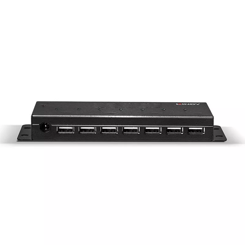 Lindy 42794 hub USB 2.0 industriale in metallo a 7 porte, 480 Mbit/s, staffe di montaggio, alimentatore esterno, nero