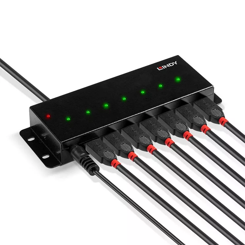 Lindy 42794 hub USB 2.0 industriale in metallo a 7 porte, 480 Mbit/s, staffe di montaggio, alimentatore esterno, nero