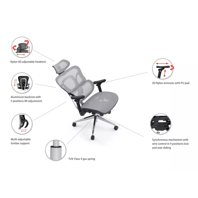 Sedia da ufficio ergonomica premium Equip con poggiatesta e braccioli, grigio