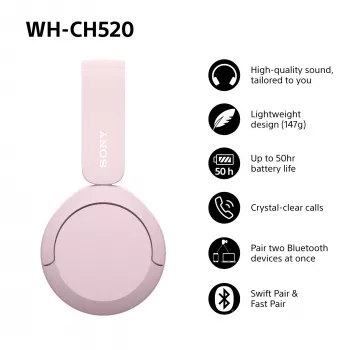 Sony WHCH520P.CE7, senza fili, 20 - 20000 Hz, telefonate/musica, 147 g, cuffie, rosa