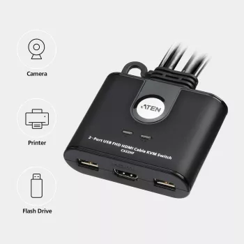 ATEN switch KVM a 2 porte USB FHD HDMI con cavo, 1920 x 1200 pixel, Full HD, 1,518 W, nero