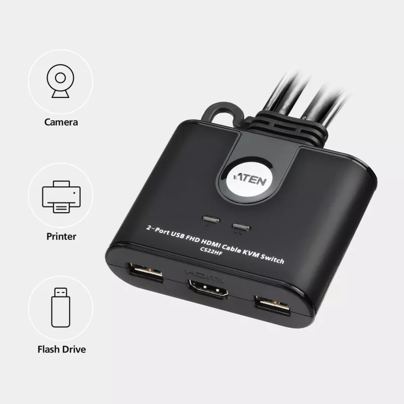 ATEN switch KVM a 2 porte USB FHD HDMI con cavo, 1920 x 1200 pixel, Full HD, 1,518 W, nero