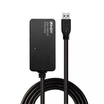 Lindy 10m USB 3.0 Active Extension Pro Hub, USB 3.2 Gen 1 (3.1 Gen 1) Type-A, USB 3.2 Gen 1 (3.1 Gen 1) Type-A, 5000 Mbit/s, nero, plastica, cavo tondo