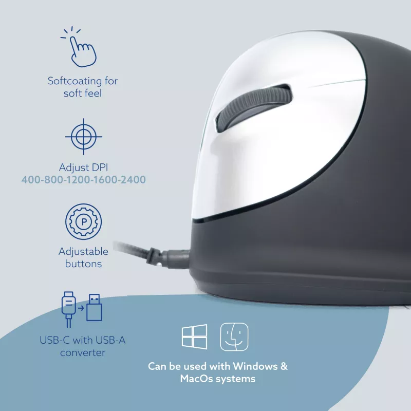 R-Go Tools mouse ergonomico R-Go HE Break con software Break, medio (dimensione mano 165–185 mm), per mancini, con filo, nero