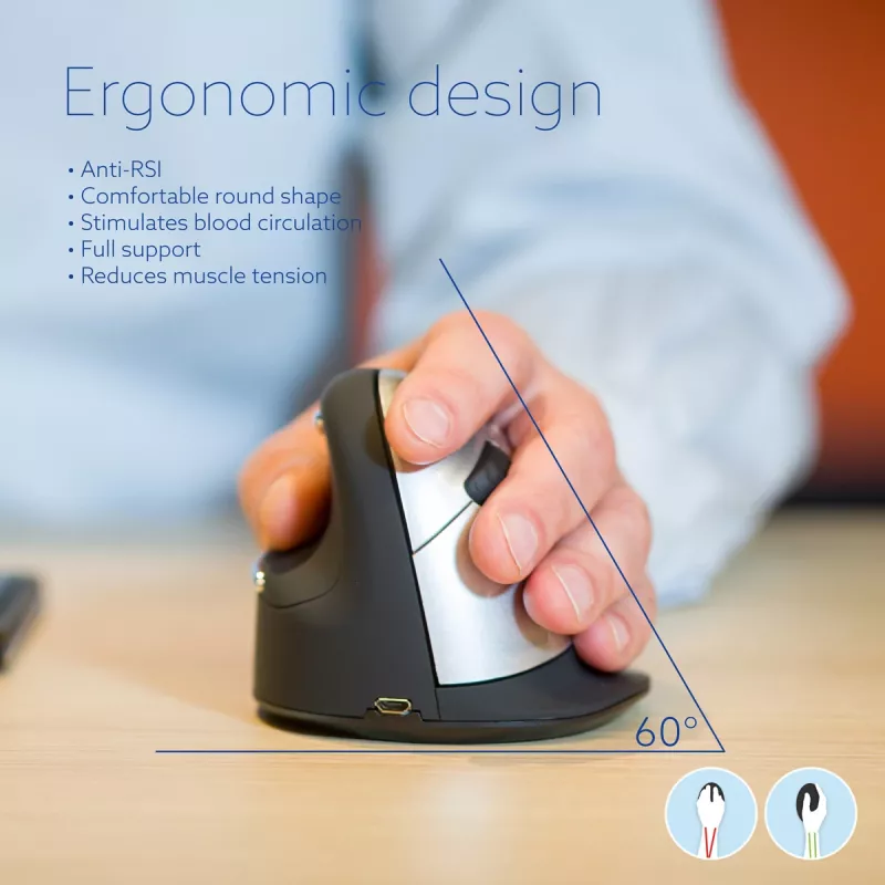 R-Go Tools mouse ergonomico R-Go HE Break con software per pause, grande (dimensione mano ≥ 185 mm), per mancini, Bluetooth, nero