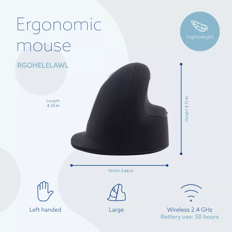 R-Go Tools mouse ergonomico R-Go HE Break con software per pause, grande (dimensione mano ≥ 185 mm), per mancini, Bluetooth, nero
